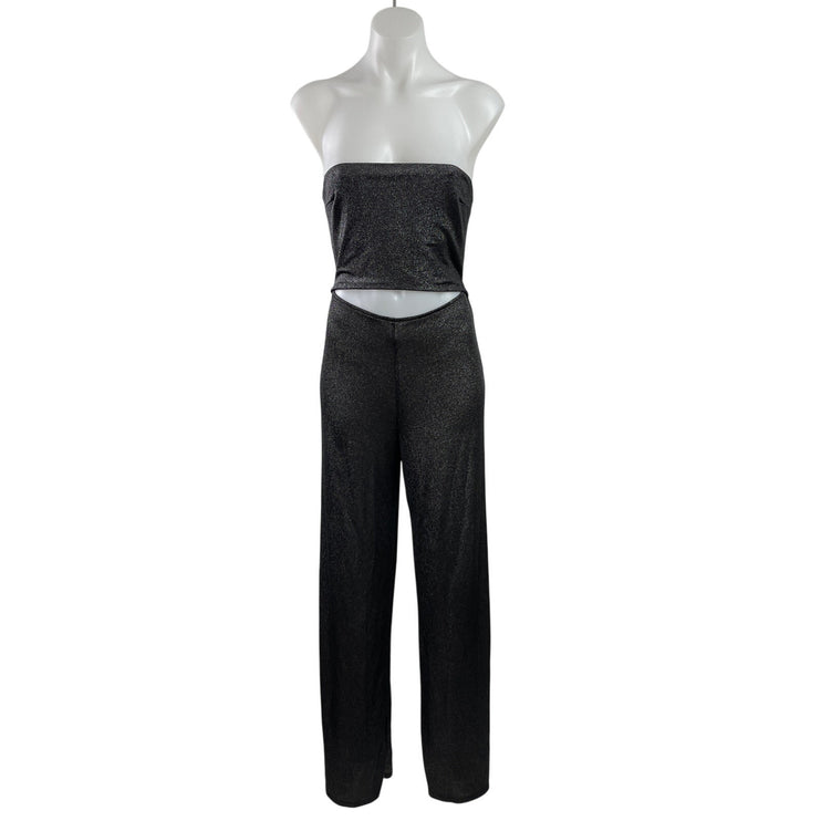 Hours Black Metallic Sleeveless Strapless Glitters Flared Leg Romper Jumpsuit S