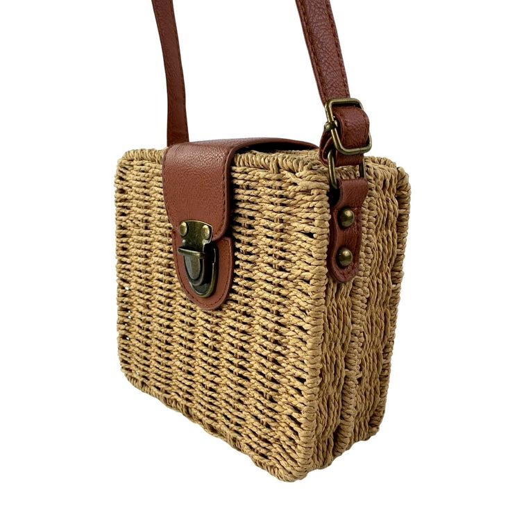 Hoxis Tan Floral Lined Straw Woven Rattan Square Crossbody Boho Bag Handbag OS