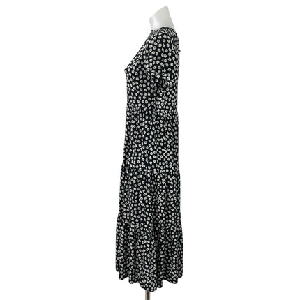 Madewell Black Floral Woodcut Flower Short Tie Sleeve Tiered ALine Midi Dress XS