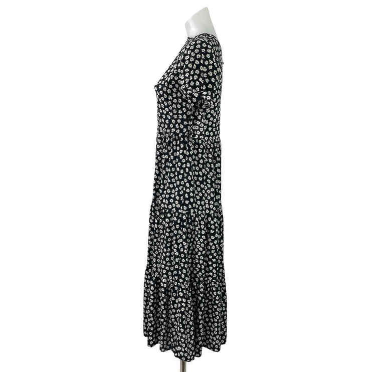 Madewell Black Floral Woodcut Flower Short Tie Sleeve Tiered ALine Midi Dress XS