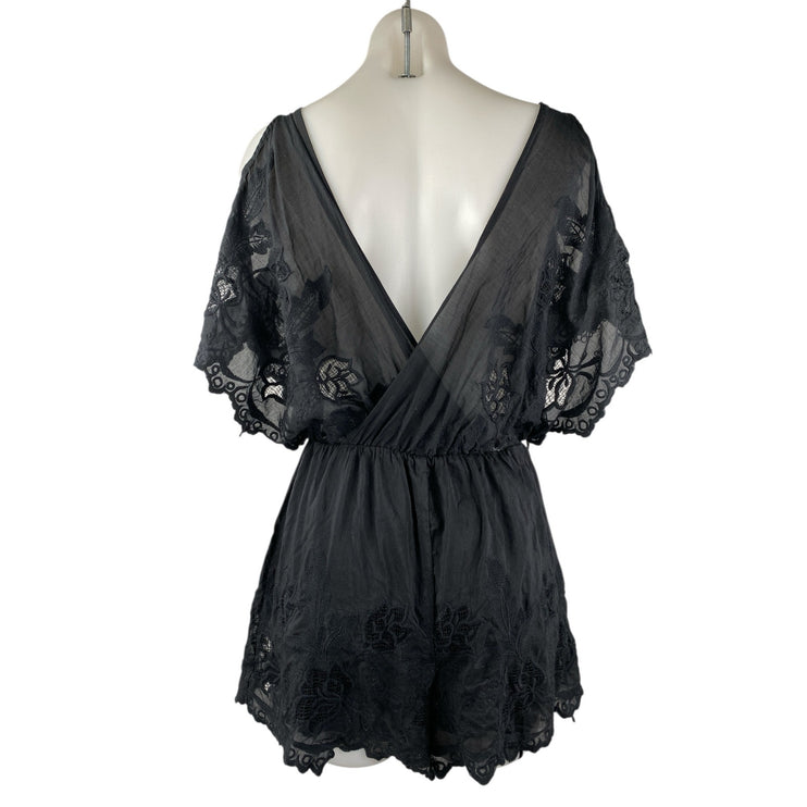Astr the Label Black Floral Lace Sheer Short Sleeve V Neck Romper Jumpsuit Sz XS
