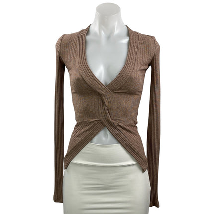 Alix NYC Women's Brown Ribbed Knit Twist Front Long Sleeve Blouse Top Size XS