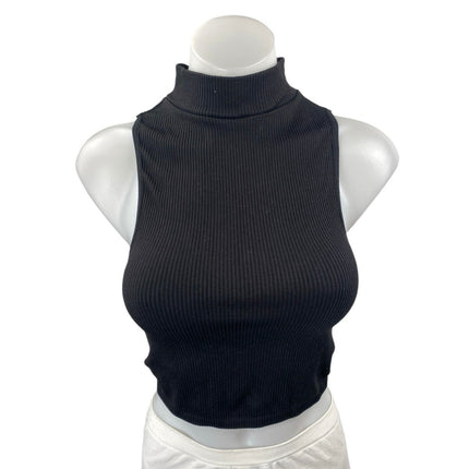 Zara Women's Black Sleeveless Rib Knit Turtleneck Crop Sweater Tank Top Size L