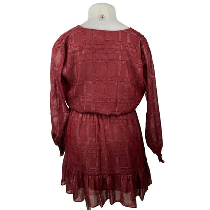 Michael Kors Women's Red Metallic Smocked Waist Long Sleeve Mini Wrap Dress Sz L