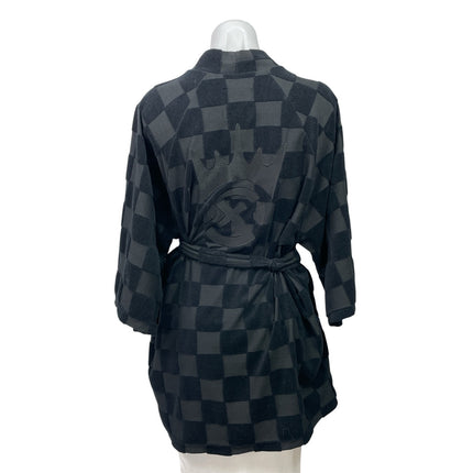 XSET Black Gray Plaid Checkered 3/4 Sleeves Belted Waist Open Front Robe Size S