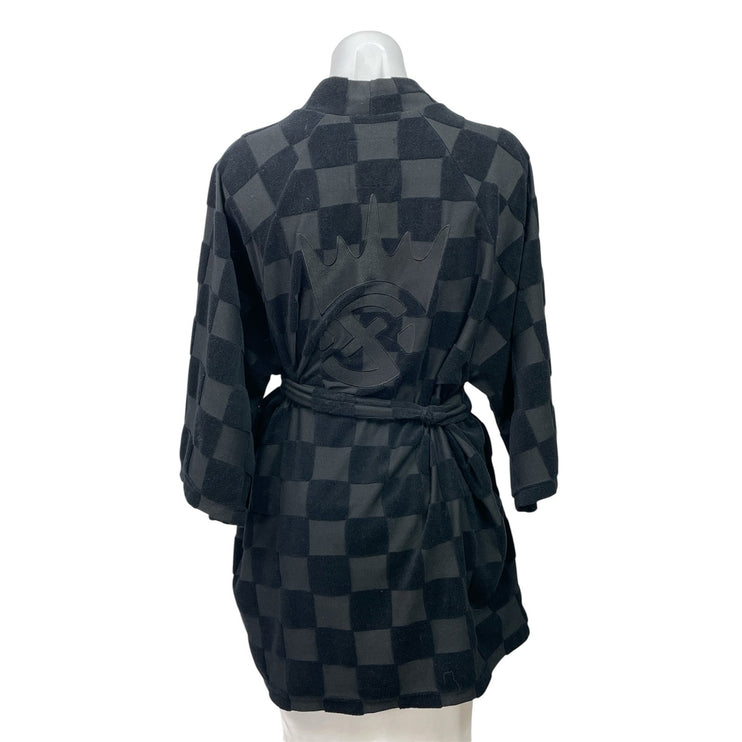 XSET Black Gray Plaid Checkered 3/4 Sleeves Belted Waist Open Front Robe Size S
