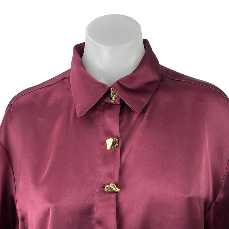Zara Women's Red Silk Satin Long Sleeve Button Down Blouse Shirt Top Size M