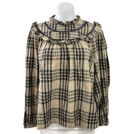 Tu Clothing Women's Beige Plaid Flannel Long Sleeve Ruffle Blouse Top Size 16
