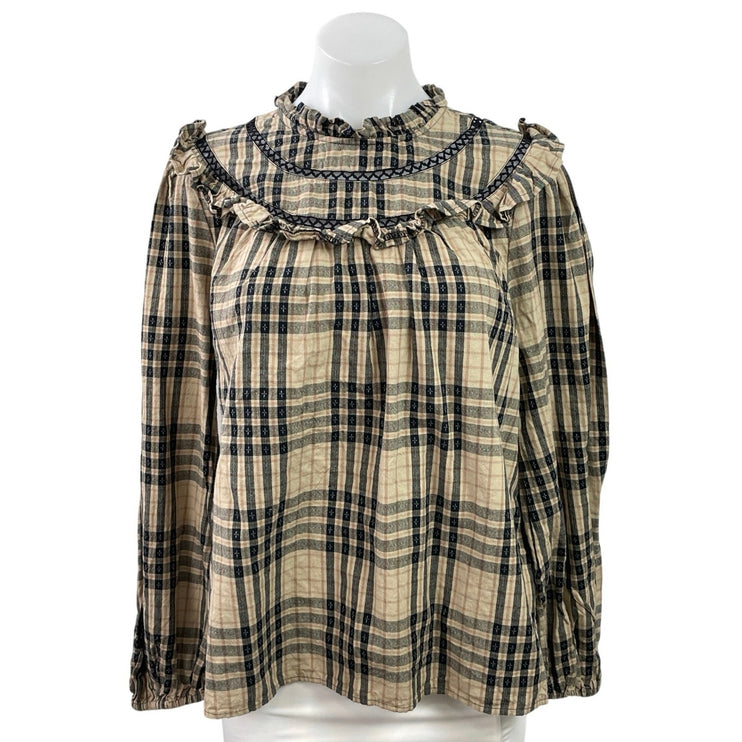 Tu Clothing Women's Beige Plaid Flannel Long Sleeve Ruffle Blouse Top Size 16