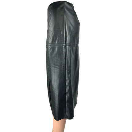 Women's Black Faux Vegan Leather High Waist Zipper A-Line Midi Skirt Size L