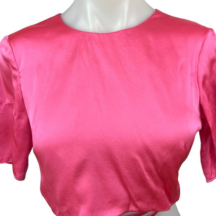 NEW Amanda Uprichard Andra Pink Ribbon 100% Silk Satin Short Sleeve Crop Top S