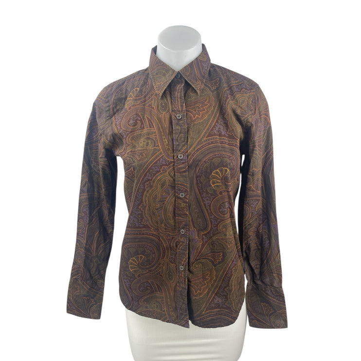 Ralph Lauren Chaps Women's Brown Paisley Long Sleeve Button Down Shirt Top Sz S