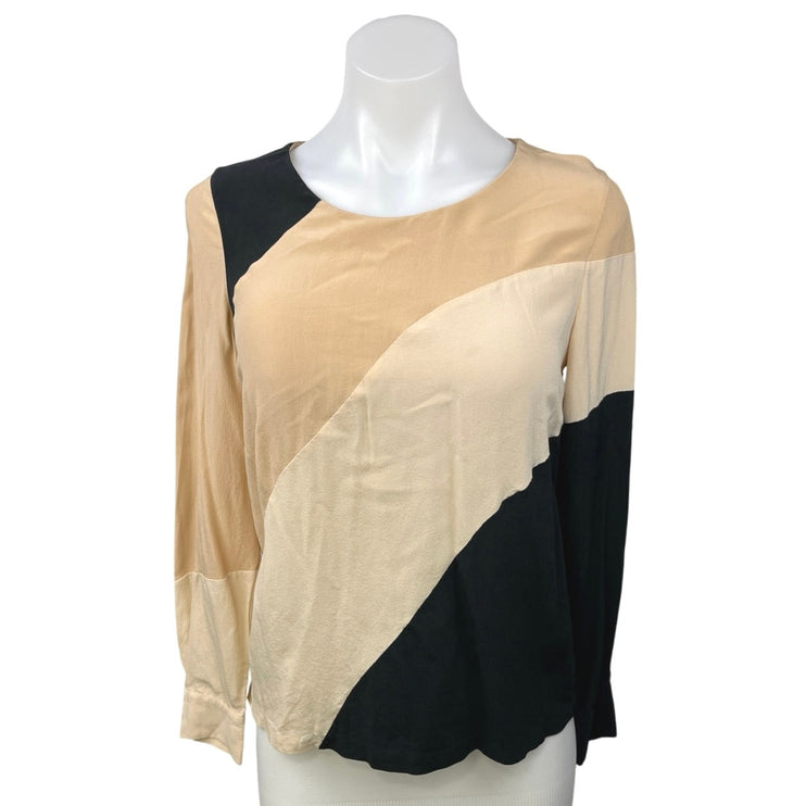 Diana Von Furstenberg Cream Black 100% Silk Colorblock Long Sleeve Blouse Top 2