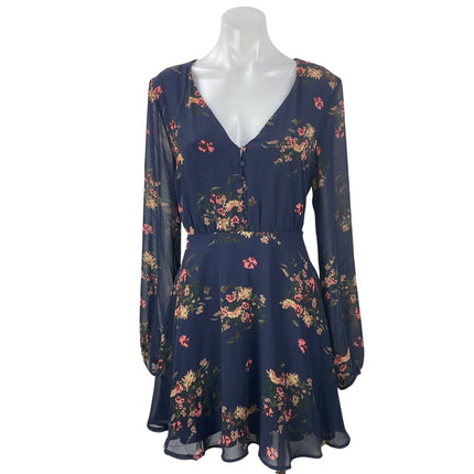 NEW Lulus Blue Floral Long Sleeve Mesh V Neck Button Fit & Flare Mini Dress Sz M