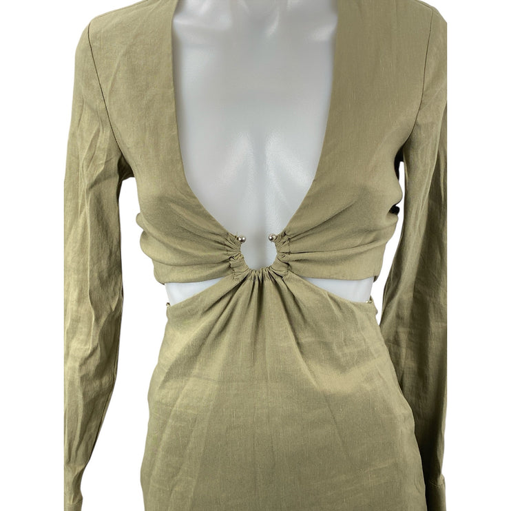 Zara Women's Olive Green Linen V Neck Long Sleeve Cut Out Mini Bodycon Dress XS