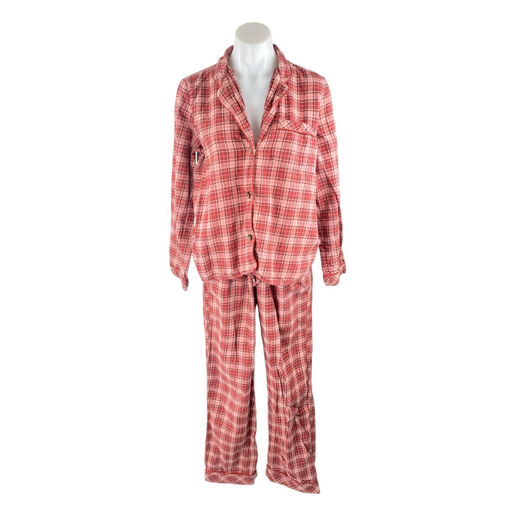 Madewell Red Plaid Check Button Down Long Sleeve Wide Leg Sleepwear Pajama Set M