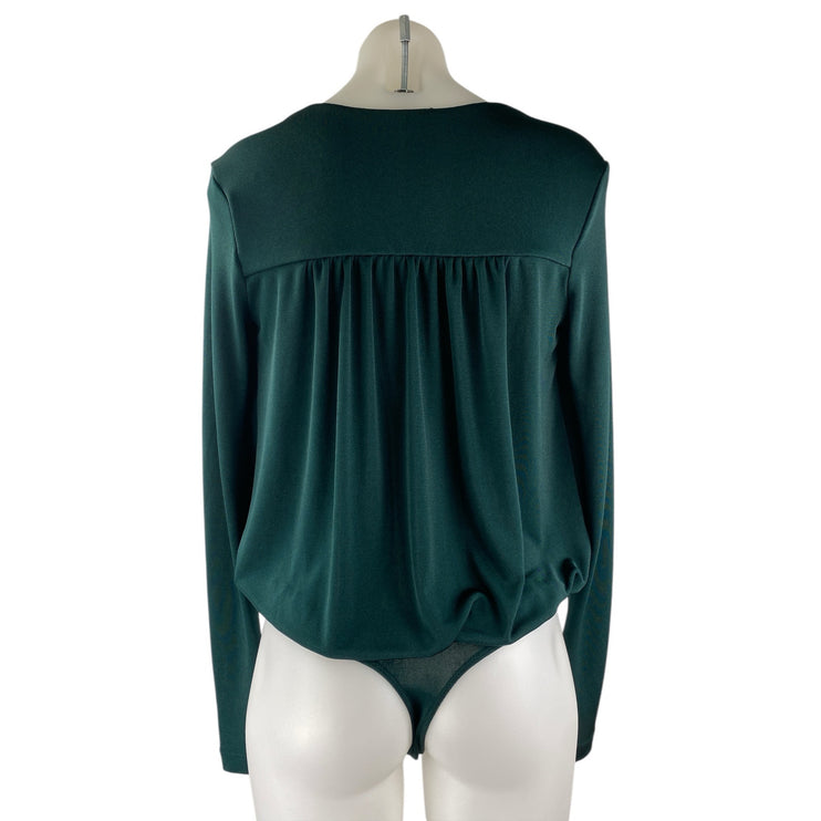 Free People Turnt Green Long Sleeve Draped V Neck Wrap Bodysuit Blouse Top Sz S