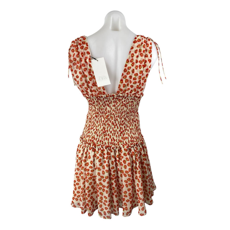 NEW Zara Red Floral Sleeveless V Neck Smocked Tiered Fit & Flare Mini Dress Sz M