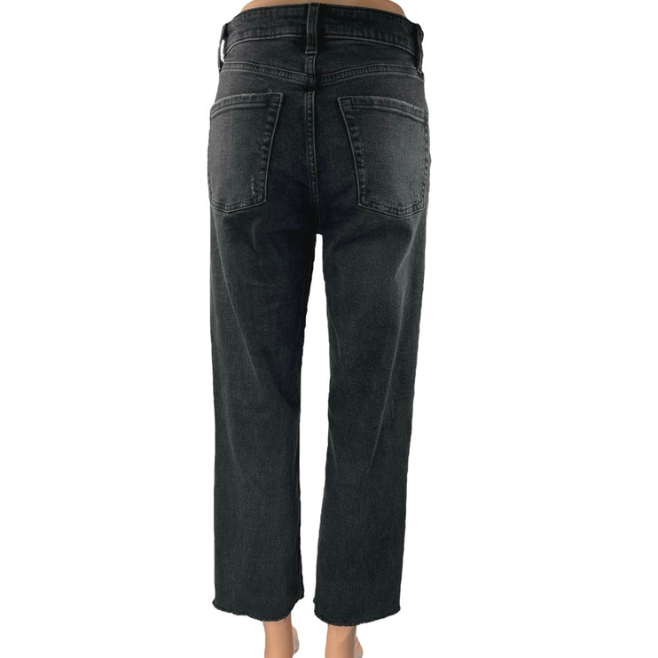 Women's Black High Rise Distressed Straight Wide Leg Crop Denim Jeans Pants Sz 2