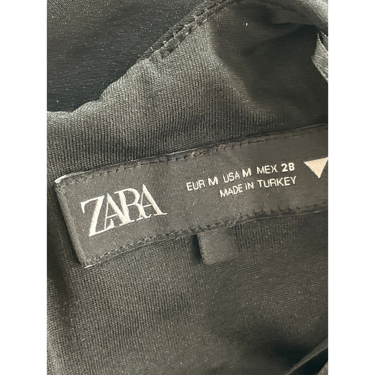 Zara Women's Black Long Sleeve Draped Ruched Crew Neck Mini Bodycon Dress Size M