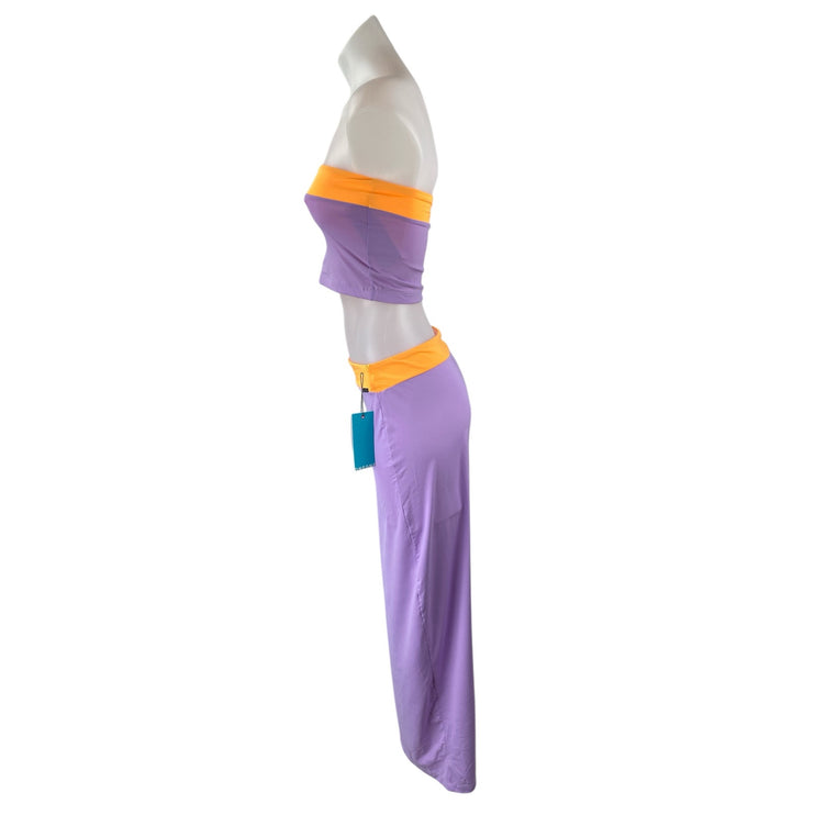 NEW ONEONE Sharon Purple Coral Bandeau Tube Slit Midi Long Skirt 2 Piece Set M