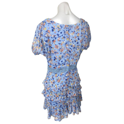 City Studio Blue Floral Lace Tiered Ruffle Flounce Puff Sleeve Mini Dress Size 11