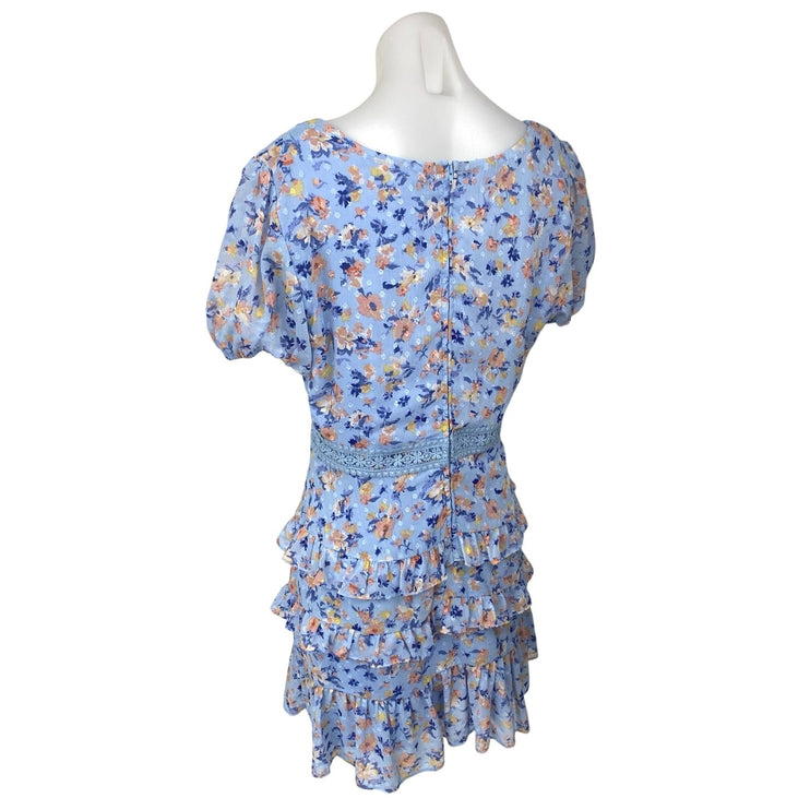 City Studio Blue Floral Lace Tiered Ruffle Flounce Puff Sleeve Mini Dress Size 11