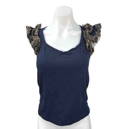 Democracy Women's Blue Embroidered Ruffle Sleeve Knit Shirt Blouse Top Size S