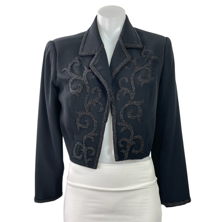 B'zar Women's Black Beaded Long Sleeve Open Cropped Blazer Coat Jacket Size M