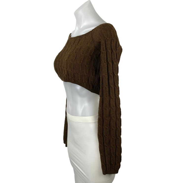 NEW NA-KD Brown Off The Shoulder Cable Knit Long Sleeve Crop Top Sweater Size S