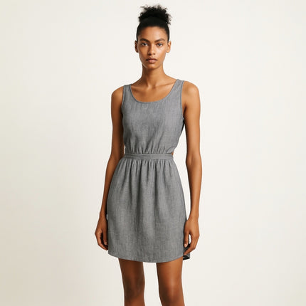 GAP Gray Linen Sleeveless Open  Back Jean Chambray Denim Blouson Mini Dress Sz S