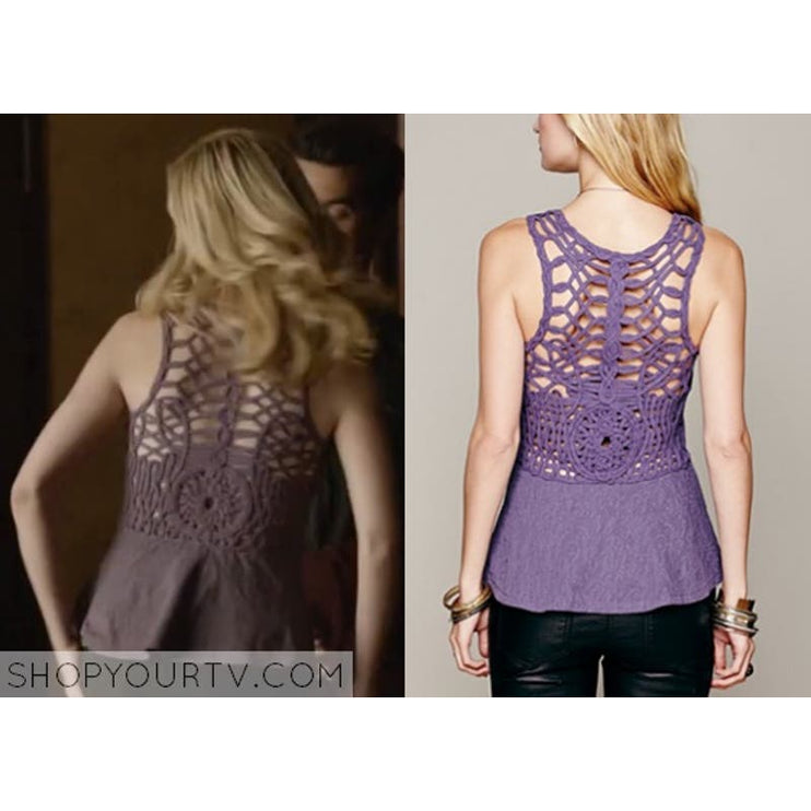 Free People Floral Cotton Purple Sleeveless Round Crochet Peplum Tank Top Size S