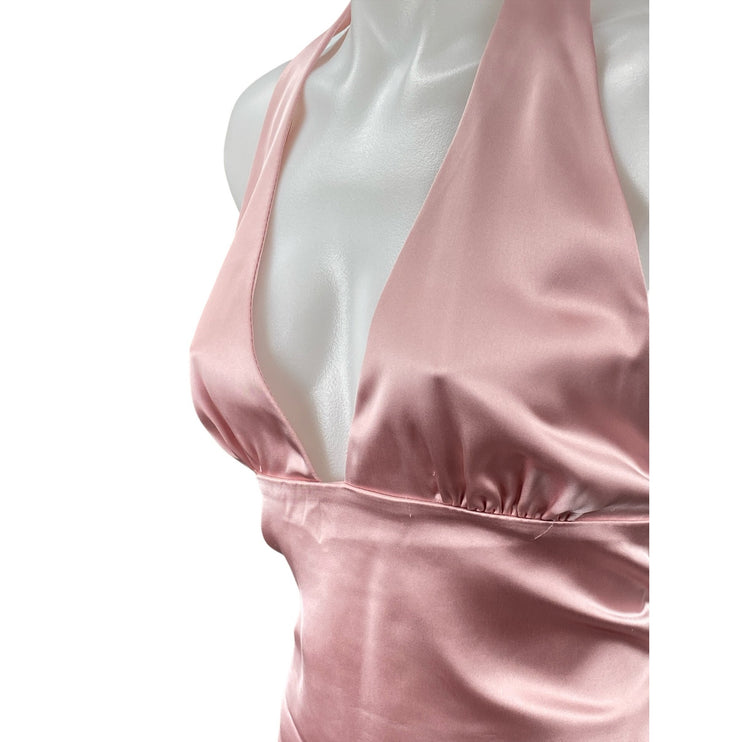 Zara Pink Silk Satin Halter Plunge V Neck Sleeveless Backless Blouse Top Size L