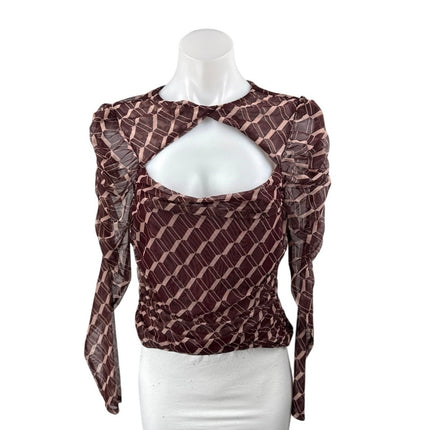 ASTR The Label Red Geometric Long Puff Sleeve Cutout Blouse Crop Top Size M