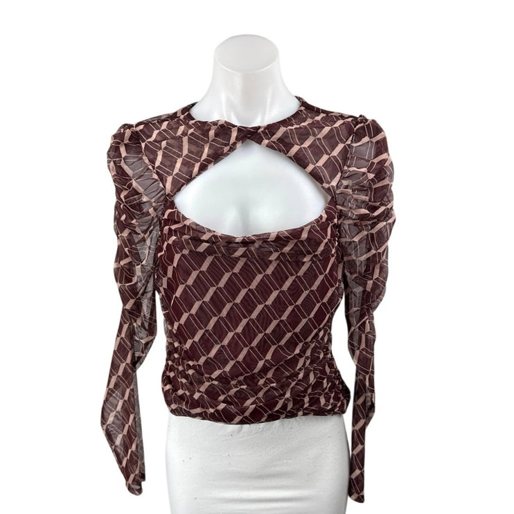 ASTR The Label Red Geometric Long Puff Sleeve Cutout Blouse Crop Top Size M