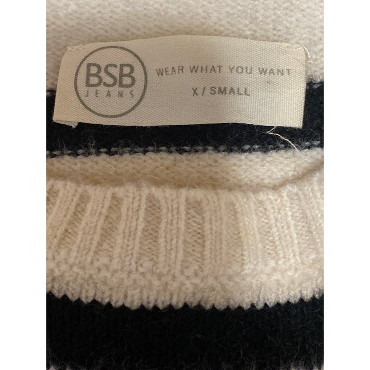 BSB Jeans Women's Beige Black Striped Long Sleeve Rib Knit Sweater Top Size XS