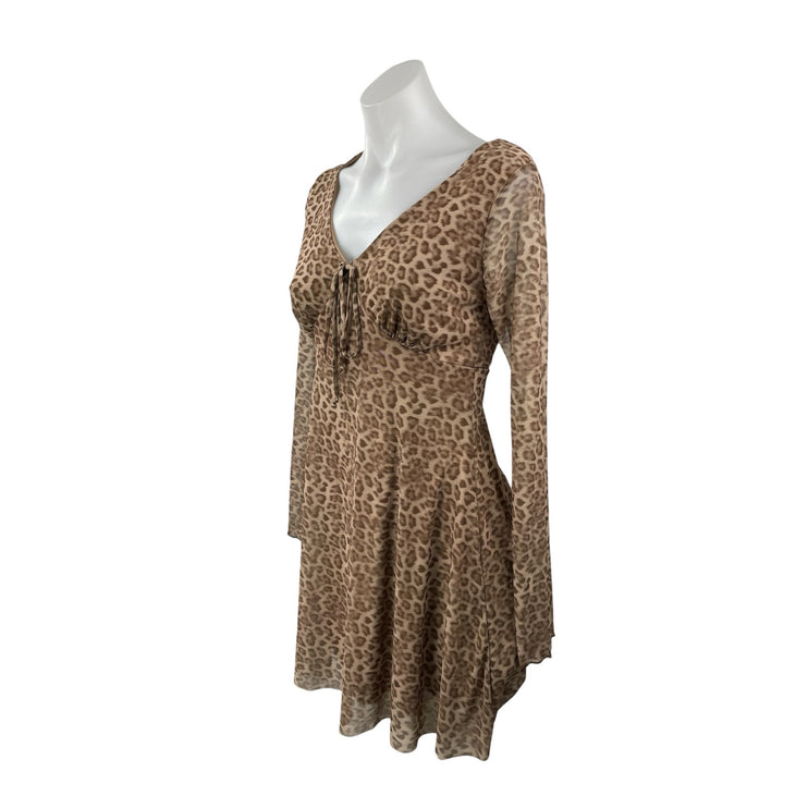 NEW See You Monday Tan Leopard Long Sleeve Tie V Neck A Line Mini Dress Size M