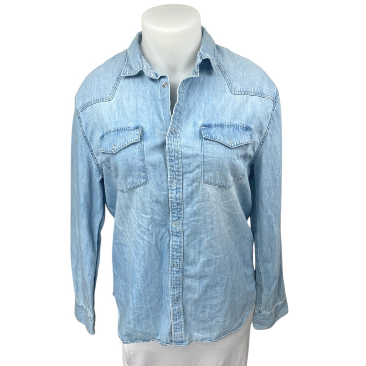 Zara Blue Chambray Denim Button Down Long Sleeve Pockets Shirt Jean Jacket Sz XL