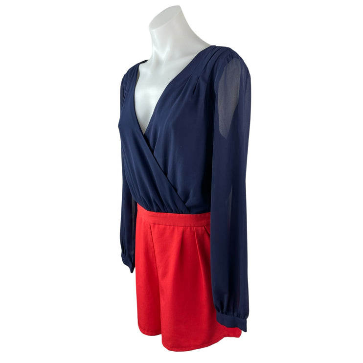 Depri Women's Navy Blue Red Long Mesh Sleeve Backless V Neck Romper Shorts Sz L