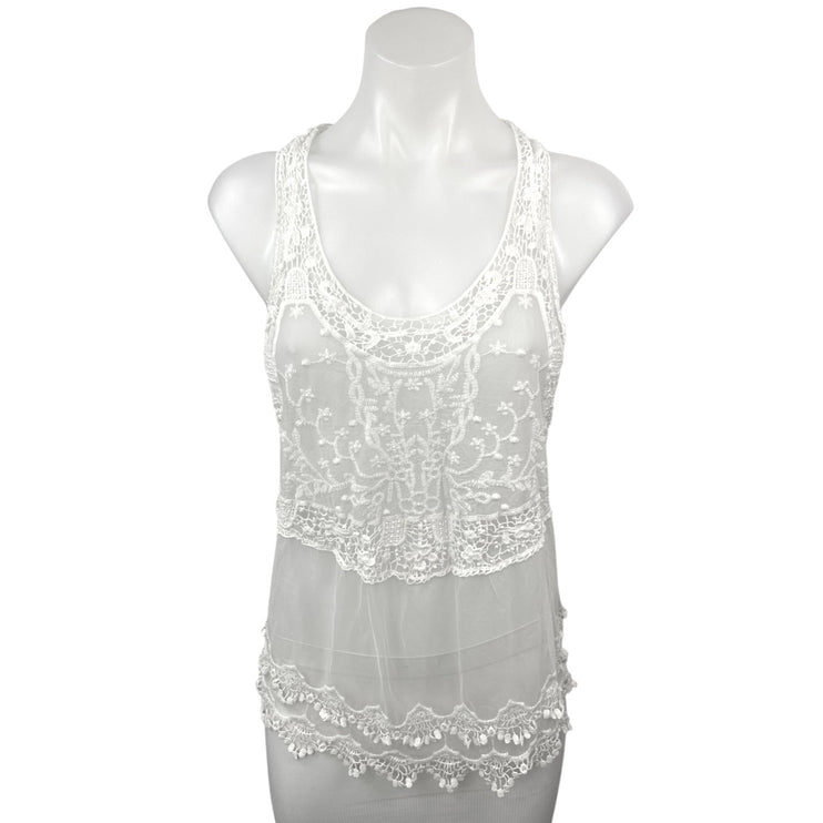 Vintage Havana White Lace Embroidered Crochet Racerback Sheer Coverup Tank Top L