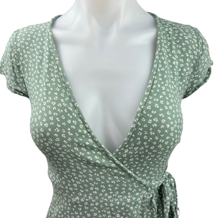 Abercrombie & Fitch Green Floral Ruffle Asymmetric V-neck Midi Wrap Dress Sz 2XS