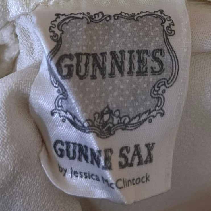 Vintage Gunne Sax White Silk Satin Lace Mock Neck Long Sleeve Blouse Top Size S