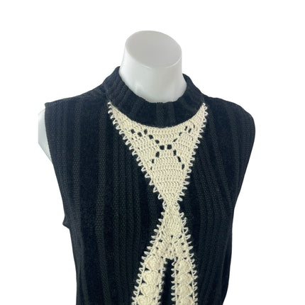 Thakoon Black Cream Crochet Trim Wool Sleeveless Mock Neck Tank Sweater Top L