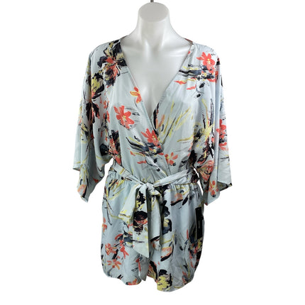 NEW Lulus Paraiso Light Blue 3/4 Sleeves Floral Wrap Kimono Jumpsuit Romper Sz L