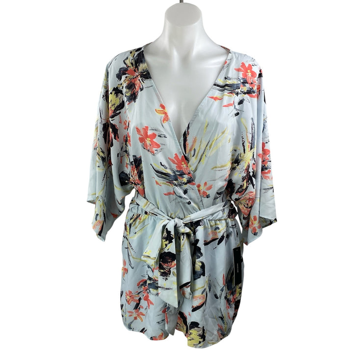 NEW Lulus Paraiso Light Blue 3/4 Sleeves Floral Wrap Kimono Jumpsuit Romper Sz L