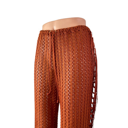 Camila Coelho Kira Women's Brown Sheer Crochet Summer Cover Up Trousers Pants S