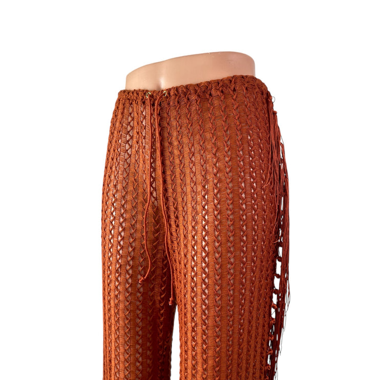 Camila Coelho Kira Women's Brown Sheer Crochet Summer Cover Up Trousers Pants S