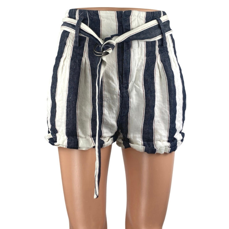 Frame 100% Linen Navy White Striped High Waisted Belted Mini Wide Leg Shorts 0