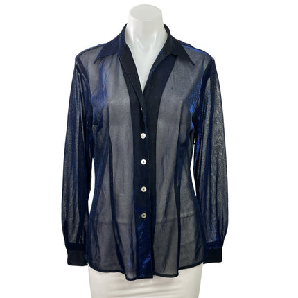Camille Claudel Blue Sheer Mesh Metallic Sparkly Long Sleeve Button Up Shirt L