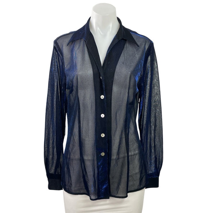Camille Claudel Blue Sheer Mesh Metallic Sparkly Long Sleeve Button Up Shirt L